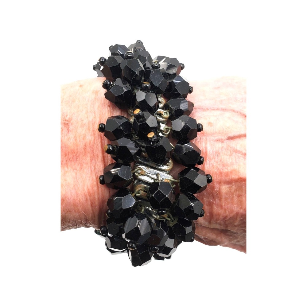 Vintage Cha Cha Bracelet Black Faceted Bead Cluster Expansion 6.5+"